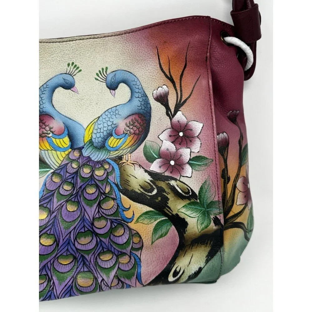 Anuschka hand-painted genuine leather hobo Peacock